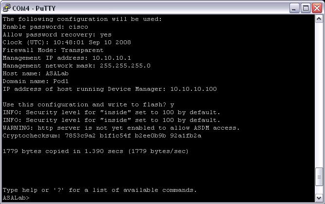 Enter Privileged Exec mode and enable the HTTP server by entering the http server enable command. From here, you can continue to configure the ASA 5505 from the command line.