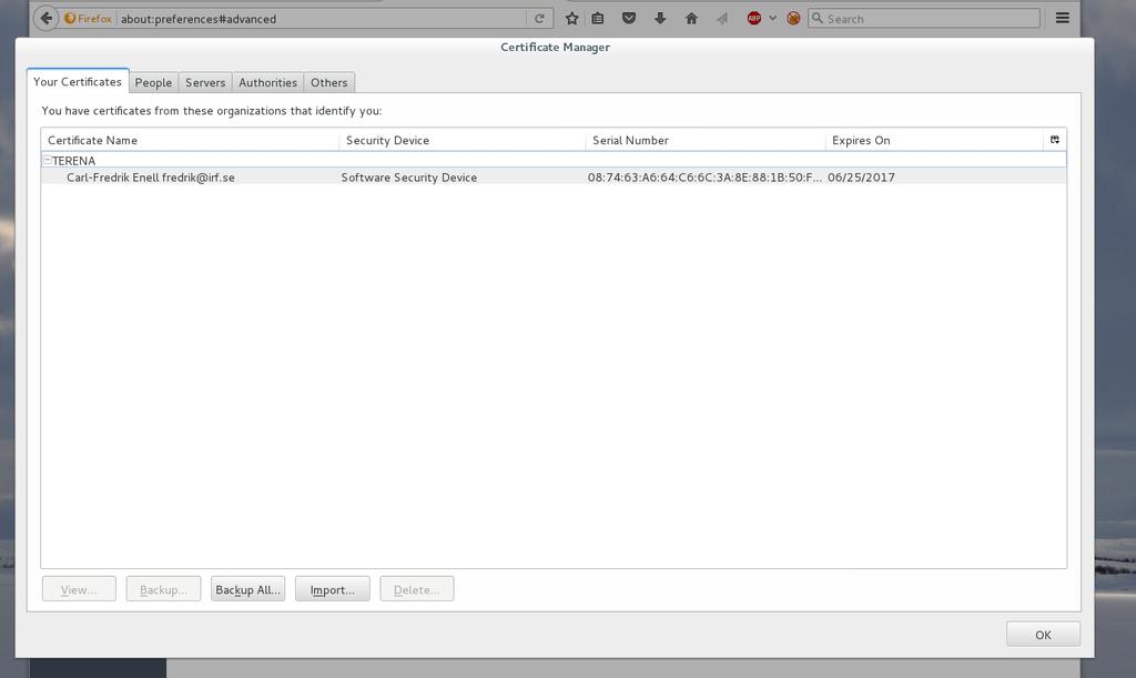 Figure 4: The certificate manager in Firefox (Edit