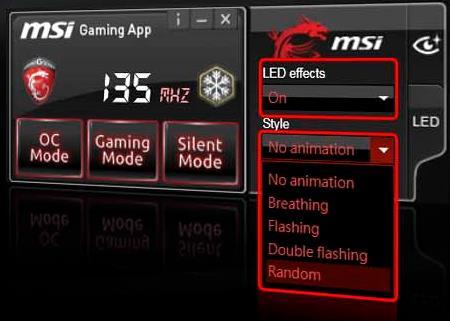 LED GAMING Dragon LED control with MSI Gaming App 5 unique lighting modes Apply