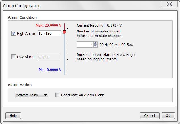 In the Alarm Configuration window, select the High Alarm checkbox if you want an alarm to trip when the sensor reading goes above a value you specify.
