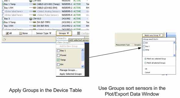 Using Groups to Sort Sensors You can assign sensors to groups in the Device Table and then use them to sort rows in the table, or to refine a list of