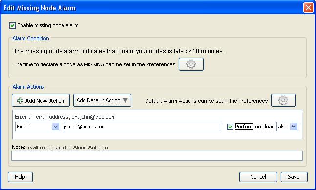 4. Make sure the "Enable missing node alarm" checkbox is selected. 5. By default, the alarm will trip after the node is missing for 10 minutes.