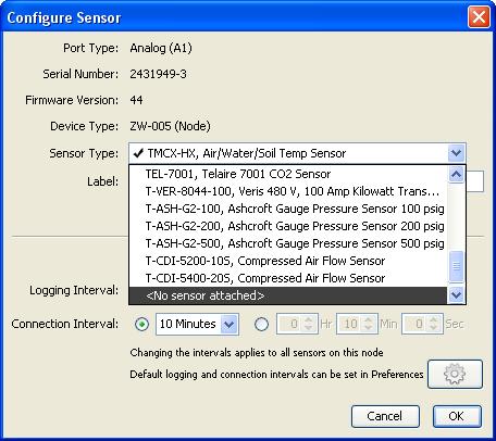 3. Make any other changes as necessary and click OK. The HOBOnode Manager device table will then change the status for that external sensor to OFF as shown below.
