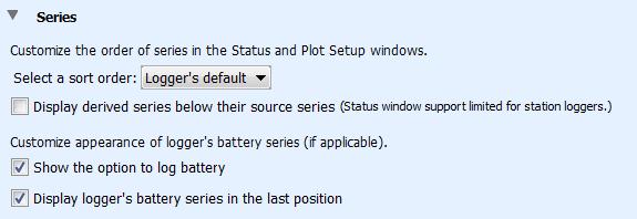 Series Use the Series preferences to customize how data series are sorted in the Status and Plot Setup windows and to set battery series options. Select a sort order.