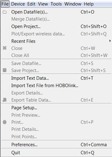 The File Menu From the File Menu, you can open and close datafiles and projects, import and export data, and print plot elements. The File menu options are: Open Datafile(s).