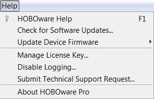 The Help menu options are: HOBOware Help. Select this option to open the help system, displaying the full table of contents. Check for Software Updates.