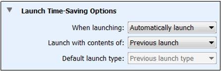 "When launching," select "Show launch screen" and under "Launch with contents of," select "Previous launch" to use the same launch settings from the last logger that was launched (same logger model
