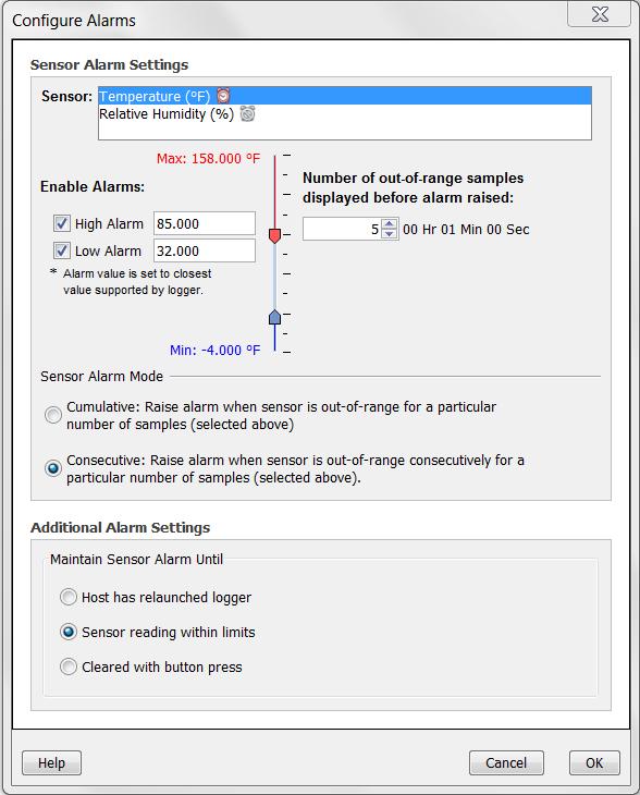 2. In the Alarms window, select the sensor that you want to have an alarm. Note: The example below is for a UX100 series logger. Any differences for other logger models are noted in these steps. 3.