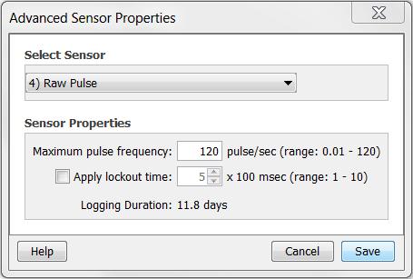 Advanced Sensor Properties: Pulse Frequency and Lockout Time Use the Advanced Sensor Properties window to set the maximum pulse frequency for raw pulse channels and to specify a lockout time for raw