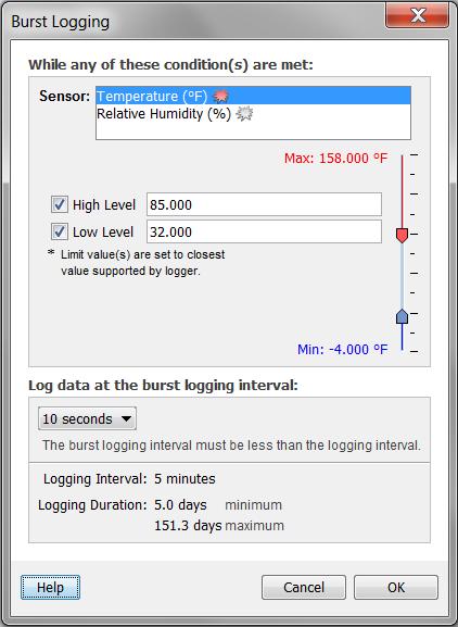 The actual values for the burst logging levels are set to the closest value supported by the logger. For example, the closest value to 85 F that the logger can record is 84.