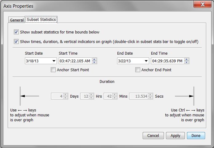 To quickly adjust the start or end of the subset, click and drag the left or right end of the subset bar on the time axis (make sure the Subset Statistics Tool is selected first).