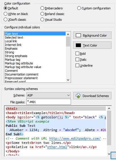 257 Syntax Colors In the Syntax Colors sections, you can configure the colors used by the built-in file editor for syntax coloring. Colors for match highlighting are set in the Results Colors section.