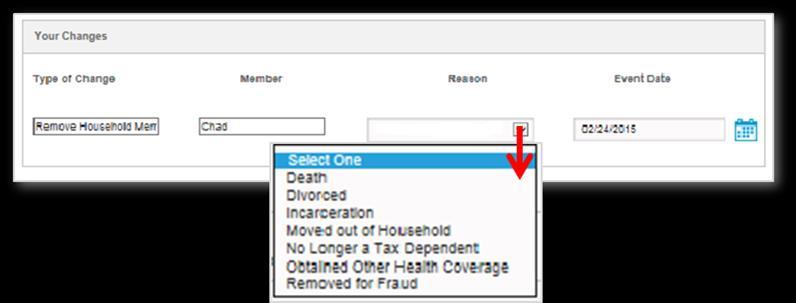 8. The Application Signature for Reported Changes page displays the Your Changes section with the Type of Change, Member, Reason, and Event Date fields.