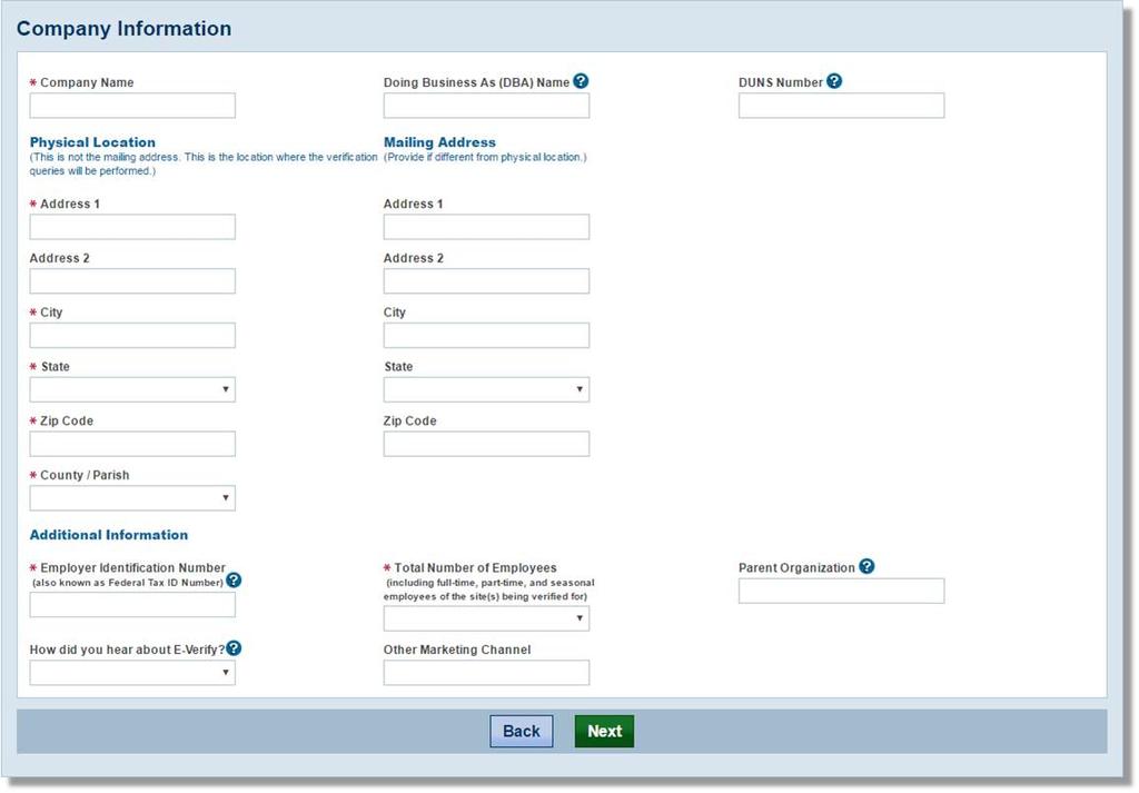 Page 13 3. Enter Company Information Enter the verification locations information into the fields and then click Next.