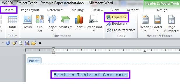 This will create a running bookmark throughout the document that will take the reader back to the TOC in one-click. 3.