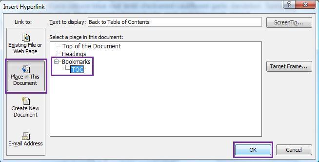 4. In the Insert Hyperlink dialogue box, click Place in This Document from the Link to: selection pane and then click TOC under the Select a place in this document pane.