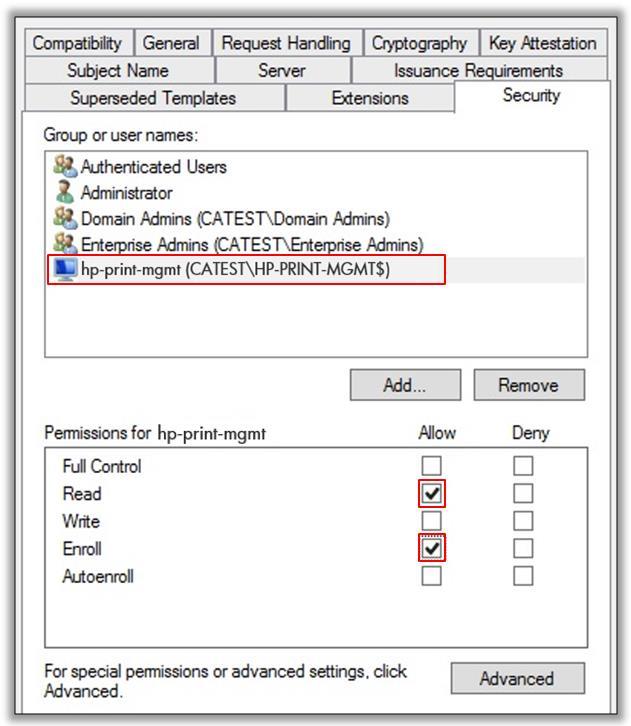 Enter the name of the Security Manager server requiring template access (hp-printmgmt), then select OK.