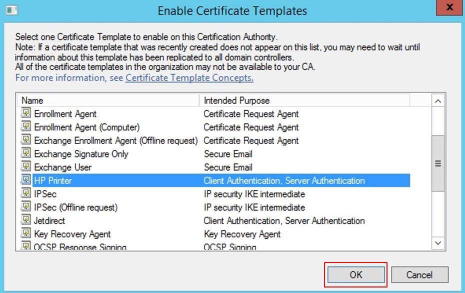 Select the new template (HP Print), then OK. At this point, Security Manager template access is complete.