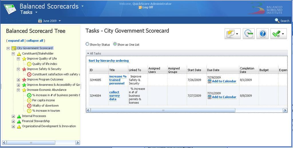 Tasks Subsection: The Tasks subsection will display any overdue, ongoing, or completed tasks that have been associated with the scorecard object that is displayed.