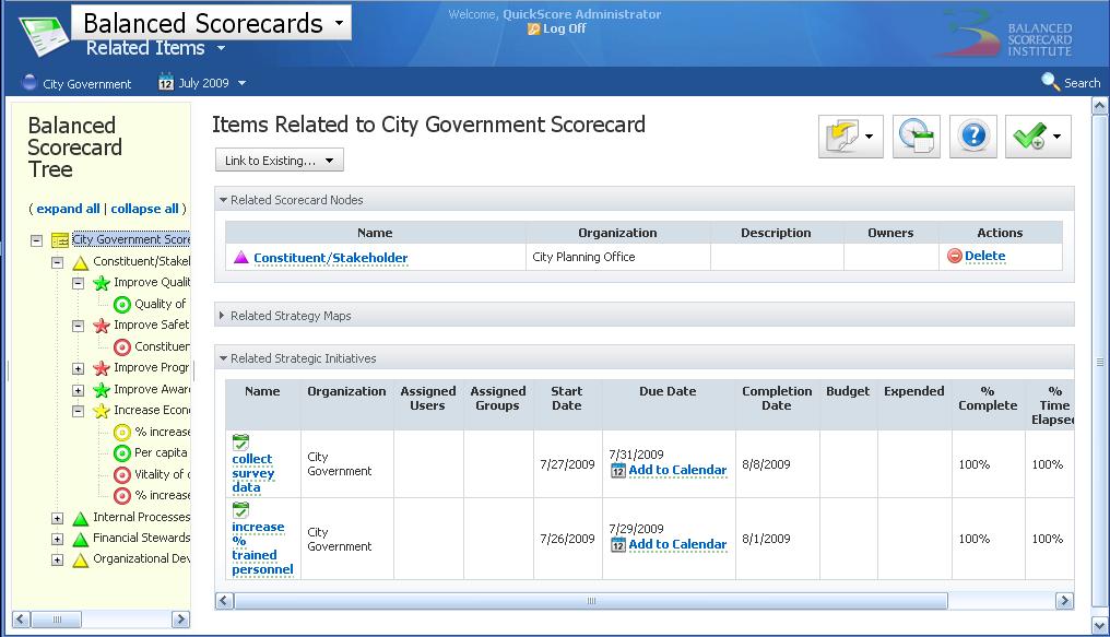Related Items Subsection: On the Related Items subsection, you can link your scorecard object to other scorecard objects, Strategy Maps, Strategic Initiatives,