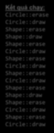 Circle::draw class Circle: public Shape { Shape::erase Circle::draw virtual void draw() Shape::erase { cout<<"circle::draw\n"; Circle::draw } void erase() Shape::erase { cout<<"circle::erase\n";