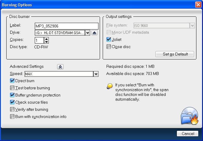 20 ULEAD BURN.NOW USER GUIDE Burning an MP3 disc 1. Click Burn disc on the Toolbar. The Burning Options dialog box will be displayed. Burning Options dialog box (MP3) 2.
