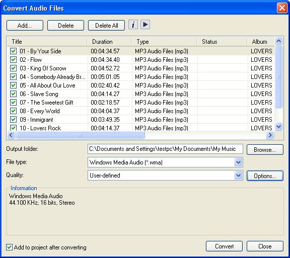 32 ULEAD BURN.NOW USER GUIDE Convert Audio Files dialog box Add Adds audio files to the list for conversion. Delete Removes the selected audio file(s) from the list.