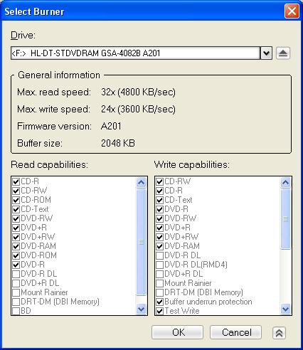 52 ULEAD BURN.NOW USER GUIDE Note: You can also check burner information in Edit Disc, Copy Disc, or Disc Tools. Click in the Select a Task dialog box then select Drive Information.