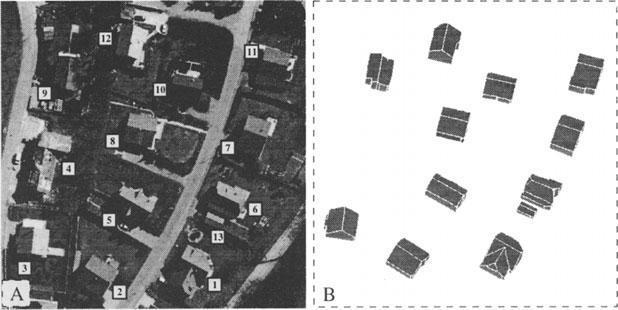 Figure 2 show in (A) one of four overlapping color aerial images and (B) the corresponding ARUBA reconstruction, where twelve of thirteen roofs have been successfully reconstructed.