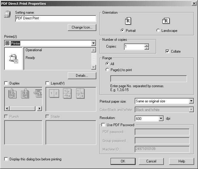 Other Print Operations PDF Direct Print Properties 1 2 3 9 10 11 3 4 6 5 7 12 13 14 15 8 ANW014S 1. Setting name: Displays the plug-in configuration name (up to 63 single byte characters) 2.