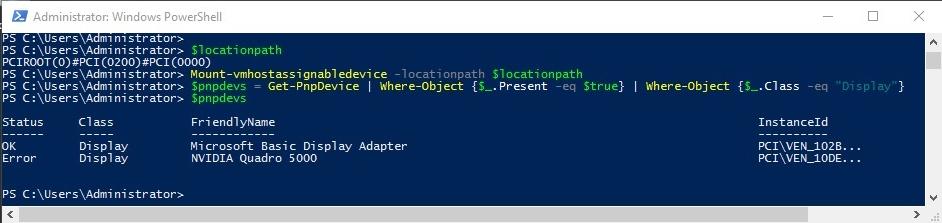 7. On the host, mount the device again, using the Mount-VmHostAssignableDevice command as shown in Example 8 Example 8 Mount-VmHostAssignableDevice command Mount-VmHostAssignableDevice -locationpath