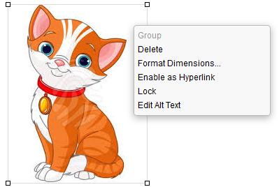 Right-click menu options Group: Groups two elements together to move them both at once. Delete: Deletes the element. Format Dimensions: Modifies the size and positioning.