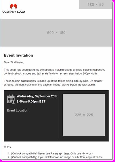 This template also includes a placeholder for a callout. In the example below, there is a section that provides information (and perhaps a calendar callout) for an event.