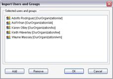 3. In the Import Users and Groups dialog, select the users you want to remove, then click the Remove button. 4. Click OK.