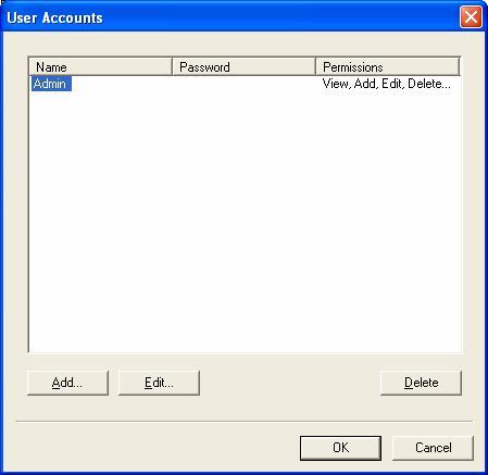 User Accounts Figure 5: User Accounts window User Accounts enables you to register other users of the program. Each user will have a User Name and Password. Each User is assigned certain Permissions.