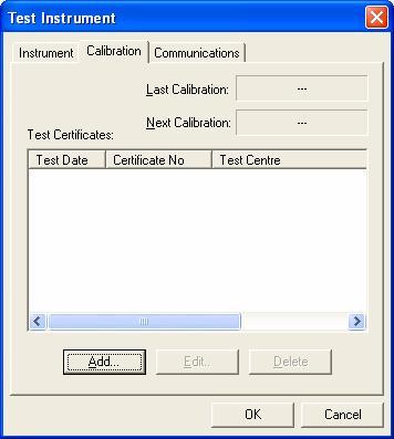The Calibration Tab Figure 14: Calibration data entry form This tab enables you to enter Calibration details for the Test Instrument.