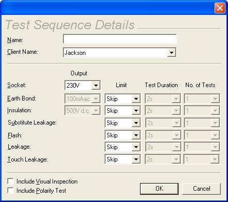 Figure 22: Test Sequence entry form Enter a Test Sequence Name and use the drop downs to set the parameters for the Test Sequence.