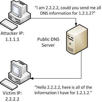 attacker spoofs its IP address, pretending to be the victim, and requests all known data from a public server.