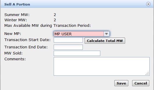Figure 154: Sell a Portion Dialog Illustrating Steps for Calculating Total MW Step 4 Step 7 Steps 5 and 6 4. Select a New MP by using the drop-down arrow. 5. Select the new Transaction Start Date.