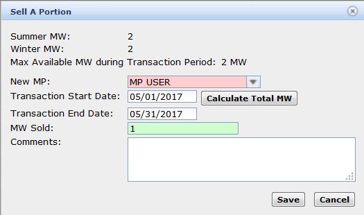 Figure 155: Sell a Portion Dialog Illustrating Steps for Completing a Sale Maximum available MWs Step 8 Step 9 Step 10 8. Enter the desired MW value to be sold. 9. If desired, enter comments. 10. Click the Save button.