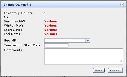 Figure 159: Change Ownership Dialog for Multiple TCCs Various will be displayed if contracts do not have the same value.