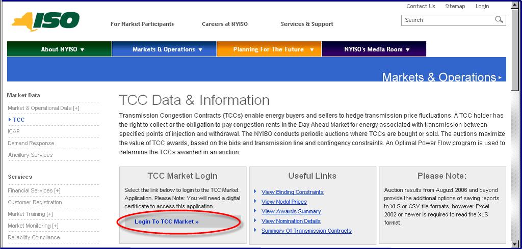 Figure 3: Black NYISO TCC Data and Information Page Highlighting Login to TCC Market Link Step 3 3.