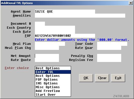 Misc Options Selecting Misc Option (with a cruise transaction) and OK, displays the following screen: Fill in any of