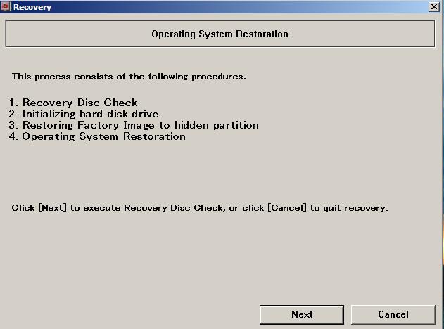 8. The process will first perform a Recovery Disc Check. Click Next to verify the recovery discs set. 9. Insert Recovery Disc #1 into the optical drive. Click Next when ready. 10.