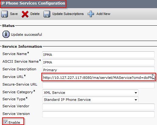 3. Create an enduser Manager and associate this user with the Manager's phone and vice versa. (In this case it is Cisco 7965:F02929E2D831) Steps to configure IPMA: 1. Create a Service for IPMA. 2.
