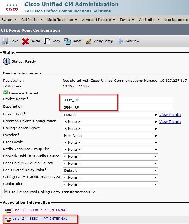 Step 7. Configure CTI Route Point 1. Log in to the CUCM Administration web GUI. 2. Navigate to Device > CTI Route Point > Add New. 3. Provide any name and details as required. 4.