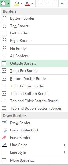 deselect the cell Fill cell and apply borders Click on Cell A2 (which now extends to Column E but is one cell) In the Font group in the Home tab, click on the down arrow to the immediate right of the