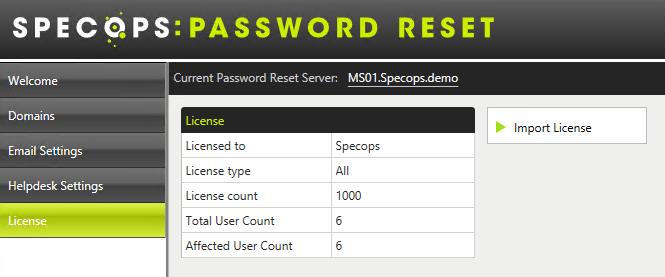 License You can use the Specops Password Reset Configuration Tool to view license information and update your license key.