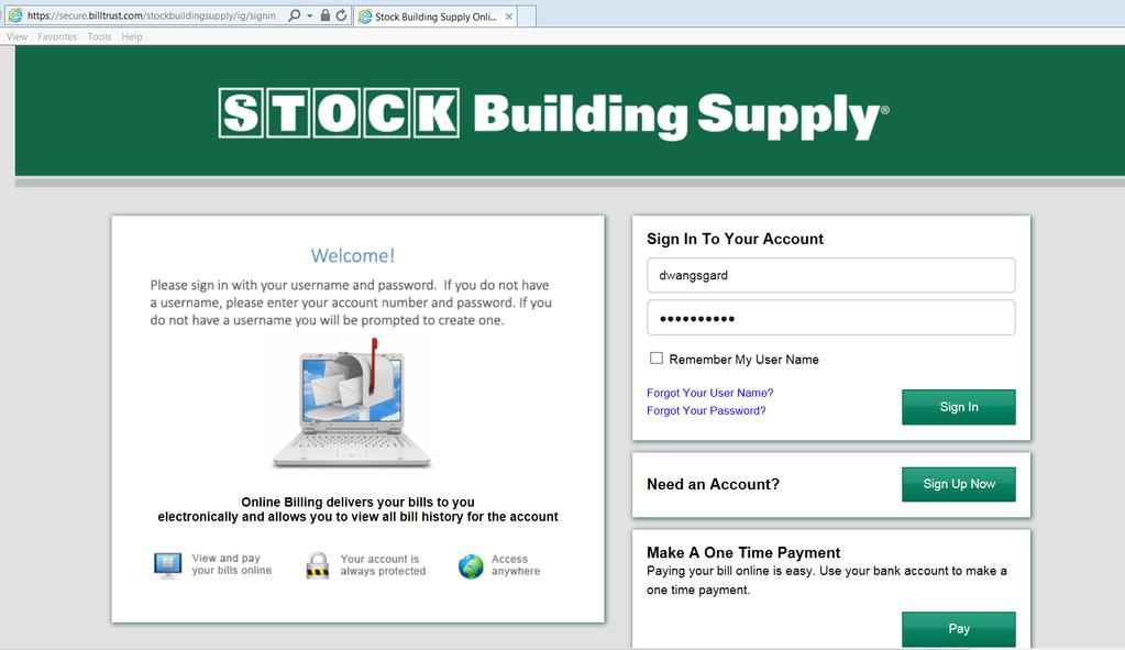 You can now access your account by going to the Stockbuildingsupply.billtrust.com website. You will use the user ID and password you just set up. Enter them in the fields below.