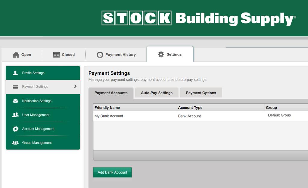 Payment Settings Payment Settings allows you to add your bank account information and control when invoices move to the closed tab.